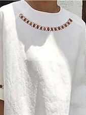 abordables Chemises-Blouse Femme Coton Lin Couleur Unie Basique Décontractée Manches 3/4 Col Haut Hauts Réguliers Quotidien Patchwork Découpe Bleue Été