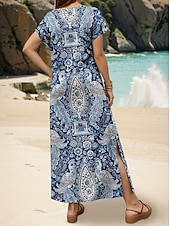 abordables Robes Boho-Femmes Robe maxi Robe d&#039;Été Robe trapèze Vacances Occasionnel Boho Sortir Plage Coupe Ample Fleuri Graphique Géométrique Manche Courte Col en V Bleu Été Printemps