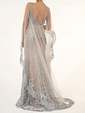 voordelige Vloerlengte-Sparkle Zeemeermin  Trompet Moeder van de Bruid Cape Jurk Strand Bruiloft Elegant Simpel Luxe V-Hals Vloer Lengte Bloemen Kant Tule