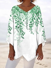 billige Blomstrete topper-Dame Bluse Blomstret Grafisk Blad Hawaiisk Stilfull Fritid Langermet V-hals Vanlige topper Daglig Ferie Ut på byen Trykt mønster Rosa Blå Grønn Sommer Vår
