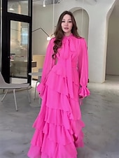 billiga Aftonklänningar-A-Linje Quinceanera Klänningar Elegant Klänning Formell Bröllop Golvlängd Lång Ärmar Hög Hals Chiffon med Volanger