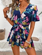 billige Rompere-Kvinners romper aktiv blomster kort erm v-hals høy midje ferie daglig regulær passform svart marineblå blå sommer