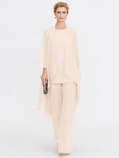 billiga Mammas byxdräkter-Strand Bröllop Jumpsuit/Byxdräkt 3 Delar Mor Till Brud Bröllops Gäst Elegant Plus Size Inkluderat Bateau Hals Golvlängd Chiffon Ärmlös Jacka es med Enfärgade Färger