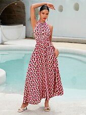 preiswerte Blumenkleider-Damen Resortkleidung Maxikleid Rosa Ärmellos Geometrisch Spitzenbesatz Frühling &amp; Sommer Neckholder Elegant Strandurlaub S M L