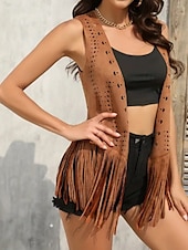 billige Boho topper-Dame Bluse عادي Moderne Fritid Ermeløs V-hals Vanlige topper Daglig Ferie Ut på byen Frynser Svart Brun Kakifarget Sommer