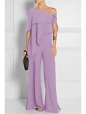 abordables Combinaisons pour maman-Combinaisons invitée de mariage élégante robe de mariage formelle fête longueur du sol manches courtes épaules dénudées automne invité de mariage chiffon avec volants 2025 taille sur mesure gratuite