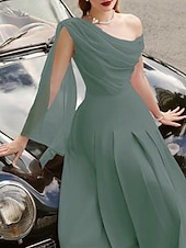 abordables Robes de cocktail-Robe de plage A-Line Robes cocktail Élégante Robe Invité de mariage Longueur thé Sans manches Col chauve-souris Tissu extensible avec volants Robes