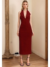 levne Koktejlové šaty-Tuxedo Šaty Přiléhavé  Sloupec Koktejlové Šaty Elegantní Poloneformální Svatební Čajová Délka Bez Rukávu V Krku Stretch Krepa
