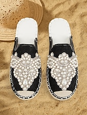cheap Vacation Sandals-Women&#039;s Luxury Pearl Embellished Black Slide Sandals – Elegant Boho Summer Flats for Beach Weddings, Vacations, Festivals, and Resort Wear