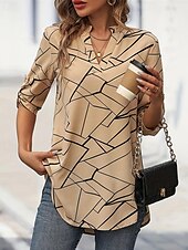 levne grafický obchod tričko-Dámské Tričko Tričko Top Geometrický Módní Moderní Krátký rukáv Do V Běžné topy Denní Jdeme ven Víkend Tisk Khaki Léto Jaro