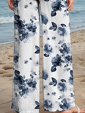abordables jambe large et taille haute-Femmes Jambe large Chinos Pantalons Amples Vacances ancien Mode Longueur complète Taille haute Fleuri Graphique Cordon de serrage Impression Respirant Doux Micro-Élastique Vacances Rue Décontracté