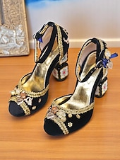 economico Scarpe vintage da donna-sandali da donna in velluto bordeaux con decorazioni dorate – sandali con cinturino alla caviglia in stile barocco con tacchi a blocco decorativi per eventi formali, feste in maschera e spettacoli teatrali