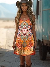 ieftine Rochii florale-Pentru femei Rochie Mini Rochie A line Rochie de vară Vacanță Casual Boho Zilnic Potrivire Largă Grafic Tribal Fără manșon În U Portocaliu Vară