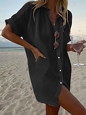 cheap Shirts-Women&#039;s Shirt Boho Shirt Linen-Inspired Shirts Button Up Plain Casual Beach Short Sleeve Shirt Collar Regular Tops Black White Yellow Pink Sky Blue Summer