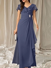 abordables Robes pour invitées de mariage-Robes de fête pour invité de mariage A-Line robe élégante longueur de sol à manches courtes décolletée en V en chiffon avec plis et volants