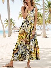 cheap Boho Dress-Women&#039;s Maxi Dress Sundress A Line Dress Slip Dress Pleated Dress Vacation Casual Boho Beach Regular Fit Graphic Bohemian Boho Sleeveless U Neck Scoop Neck Yellow Red Blue Purple Summer Spring
