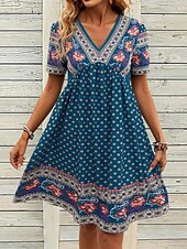 billige Boho-kjoler-Dame Mini kjole Kjole med A-linje Ferie Fritid Bohem utendørs Ut på byen Normal Blomstret Grafisk Kortermet Spagettistropper Navyblå Sommer