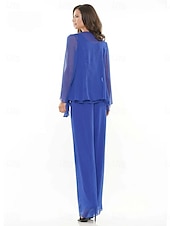 baratos Terninhos de calça da mamãe-Terno azul roxo com calça, vestido de mãe da noiva, 3 peças, elegante, gola redonda, comprimento até o chão, chiffon, manga comprida, incluso com bordado em renda 2025