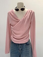 ieftine tricou simplu-Pentru femei Bluză Simplu Modern Manșon Lung În V Topuri obișnuite Concediu Ieșire Zdrobit Negru Roz Îmbujorat Albastru piscină Caisă Vară