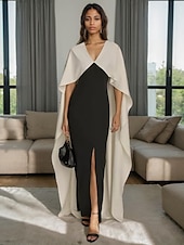 preiswerte SCHWARZ-Umhang Kleid Schwarz und Weiß Meerjungfrau  Trompete Abendkleid Elegantes Kleid Formelle Hochzeitsgast Bodenlänge Halber Ärmel V-Ausschnitt Satin mit Schlitz