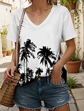 abordables Thé hawaïen-Femmes T-shirt Graphique Plantes ancien Élégant Classique Manche Courte Col en V Hauts Réguliers Quotidien Sortir Week-end Imprimé Noir Blanche Été Printemps