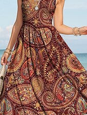 preiswerte Boho Kleider-Damen Midikleid Sommerkleid A Linie Kleid Schulterfreies Kleid Urlaub Lässig Normale Passform Grafik Paisley-Muster Boho Paisley Damast Ärmellos U-Ausschnitt Rundausschnitt Wein Blau Fuchsie Grün