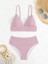 billiga Bikiniset-Kvinnors baddräkter bikini 2-delad tärnande baddräkt rygglös semester strandkläder randig V-hals ärmlös baddräkter