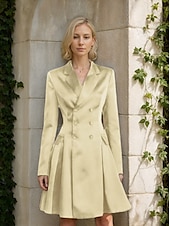 abordables Longitud del té-Vestido de la Madre de la Novia A-Line Vestido Tuxedo Vestido de Invitada de Boda Elegante Simple Lujoso Blazer Cuello con Solapas Largo hasta la Rodilla Satén Manga Larga con Pliegues y Bolsillos