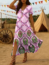 abordables Robes fleuries-Femmes Robe Midi Robe d&#039;Été Robe d&#039;été Vacances Occasionnel Boho Sortir Plage Coupe Ample Graphique Tribal Manche Courte Col en V Jaune Bleu Violet Été Printemps