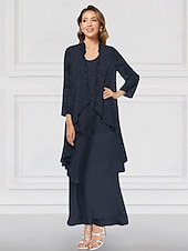 cheap With Jacket-Green Blue Pink Two Piece A-Line Dress Sets Mother of the Bride Dress Elegant Crew Neck Ankle Length Chiffon Long Sleeve Jacket Dresses with Lace Ruffles Tier 2025