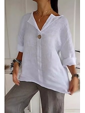 cheap Shirts-Women&#039;s Shirt Cotton Linen Shirt Blouse Plain Modern Casual 3/4 Length Sleeve V Neck Regular Tops Daily Going out Buttons Black White Red Navy Blue Green Summer