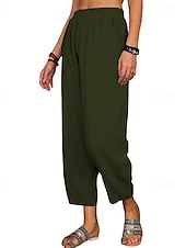 baratos Calça de linho de algodão simples-Mulheres Calças de linho de algodão Calças Roupa de rua Casual Comprimento total Natural Tecido Bolsos Cintura elástica Confortável Para Noite Final de semana Vinho Cinzento Preto Branco Verão Normal