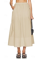 abordables Jupes unies-Femmes Jupe Évasé Mode Maxi Taille Basse Jupes Uni Avec Poches Micro-Élastique Vacances Rue Noir Blanche Champagne Beige Été Mélange Lin-Coton