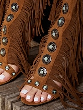 cheap Vacation Sandals-Women&#039;s Brown Boho Fringe Gladiator Heeled Sandals – Western Style Knee-High Lace-Up Boots for Music Festivals, Summer Parties &amp; Retro Fashion