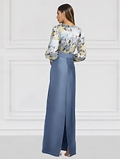 economico BLU-Abito da Sera Sirena Abito Formale Matrimonio Lunghezza Piena Maniche Lunghe Scollo a V Satin con Stampa Floreale Abito da Ospite di Matrimonio