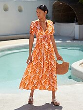 preiswerte Blumenkleider-Damen Midi-Kleid Maxikleid Orange Kurzarm Geometrisch Mit Gürtel Frühling &amp; Sommer V Ausschnitt Musterkleid S M L