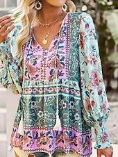 billige Boho topper-Dame Boho skjorte Bluse Blomsternål i krystall Fritid Bohem Langermet V-hals Vanlige topper Ferie Ut på byen Trykt mønster Grønn Sommer
