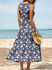 ieftine Rochii florale-Pentru femei Rochii Midi Rochie de Vară Rochie A line Rochie cu umeri Elegant Vacanță Casual Fit regulat Floral Grafic Fără manșon În U Scoateți gâtul Roșu Vin Albastru piscină Trifoi Vară Primăvară