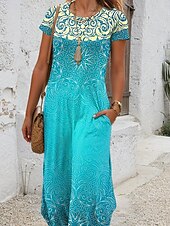 preiswerte Boho Kleid-Damen Midikleid T-Shirt-Kleid Sommerkleid Urlaub Boho Strand Täglich Normale Passform Grafik Stammes Abstrakt Kurzarm Rundhalsausschnitt Königliches Blau Blau Purpur Orange Sommer
