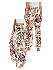 economico Pantaloni in cotone e lino con grafica-Per donna Pantaloni ispirati al lino Gamba larga Pantaloni Stile Etnico Casual Boho Lunghezza intera Vita Alta Floreale Foglia Tropicale Tasca Elastico in vita Stampa Traspirabilità Morbido