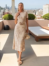 baratos Comprimento do chão-Vestido de Mãe da Noiva em Renda Bordada Floral  Coluna Conjunto Elegante Simples Minimalista Decote Redondo Comprimento do Chá Tule com Mangas Curtas Vestido para Convidada de Casamento 2025