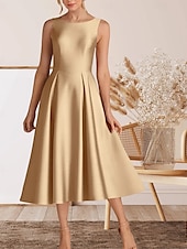 abordables Robes de cocktail-Robe cocktail A-Line élégante robe de retour à la maison cocktail party longueur thé sans manches col rond satin avec plis