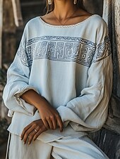 tanie Koszule-Damskie Koszule lniane Koszula Boho Nadruk Geometryczny Równina Codzienny Elegancki Podstawowy Długi rękaw Półgolf Zwykłe topy Codzienny Praca Święto Niebieski Biały Khaki Pomarańczowy Wiosna Jesień