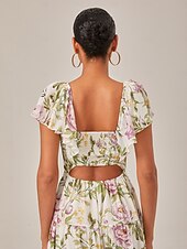 baratos Vestidos Florais Elegantes-Feminino Vestido de chiffon Vestido Longo Amarelo Verão Decote Princesa Elegante Férias Moda S M L