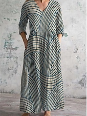 economico Abiti a Strisce e Geometrici-Per donna Abito Midi Vestito Estivo Abito Pieghettato Vacanza Casual Boho Uscire Spiaggia Abito Estivo Floreale Grafico Manica 3/4 Scollo a V Marrone Scuro Blu Verde Estate Primavera