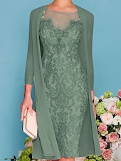 preiswerte Mit Jacke-zweiteiliges Etuikleid in Champagner für die Strandhochzeit, Mutter der Braut, elegantes Hochzeitsgastkleid mit Rundhalsausschnitt, knielang, Chiffonspitze, 3/4-Ärmel, Wickelkleid inklusive Jacke,