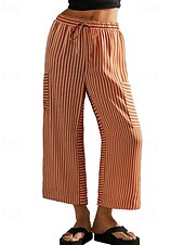 abordables jambe large et taille haute-Femmes Slacks Pantalons Streetwear Occasionnel Longueur complète Naturel Rayé Avec Poches Conception à cordon élastique Confortable Extérieur Rue Sortir Rouge orangé Bleu ciel clair Marine fonc