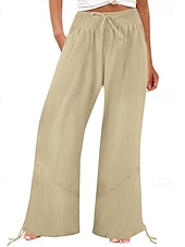 baratos Calça de linho de algodão simples-Mulheres Shorts de algodão e linho Calças inspiradas em linho Calças de linho de algodão Moda Comprimento total Natural Tecido Bolsos Design de cordão elástico Confortável Exterior Ao ar livre Rua