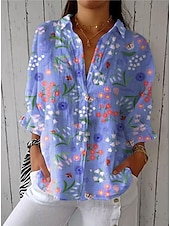 economico Top Floreali-Camicia da donna in lino, camicetta, floreale, grafica, elegante, casual, a maniche lunghe, colletto, normale, top, quotidiano, vacanza, uscite, bottoni, blu cielo, azzurro, viola, verde, estate,