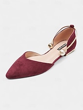 cheap Women's Flats-Women's Burgundy Pointed Toe Flats – Suede Shoes with Pearl Anklet Strap for Elegant Daytime Dates